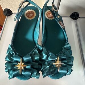Teal Satin Platform Sandals with Gold Star Detail
